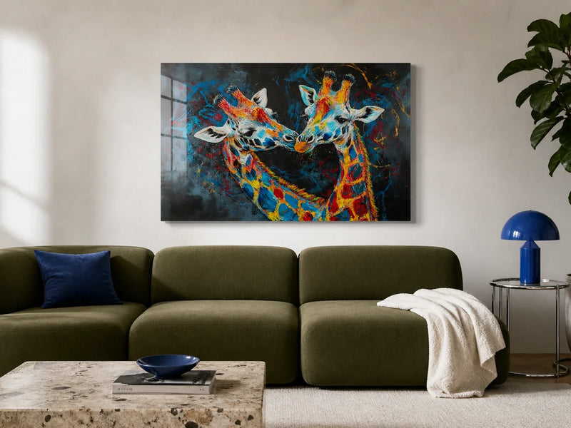 Vibrant Giraffe Duet acrylic print above an olive sofa in a contemporary living room.