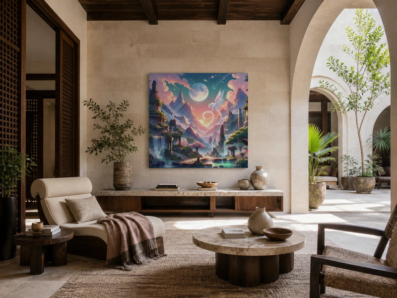 Mystical Mountain Sanctuary Canvas centred in an airy atrium reading room