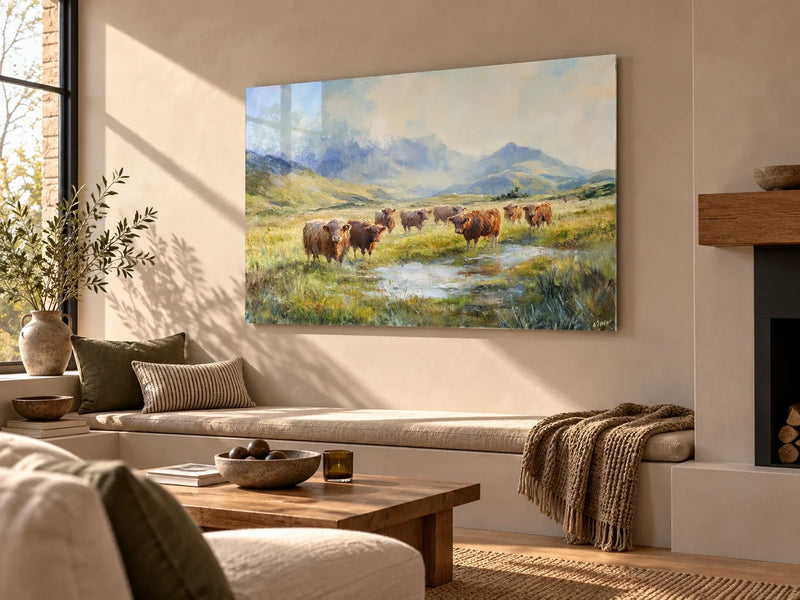 Highland Morning Serenity Acrylic Print in a warm contemporary living room with a built-in bench.