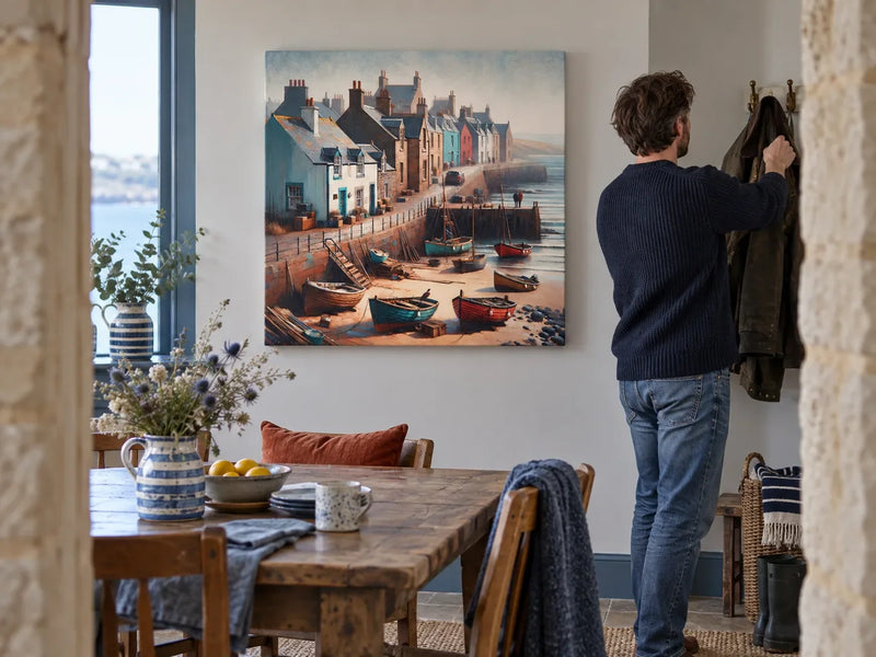 Aberdeen Footdee Haven Canvas centred in a rustic dining room as an adult hangs a waxed jacket by the door.