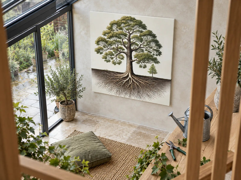 Elegant Tree Botanical Canvas centred in a contemporary conservatory beside a rain-wet garden, with a watering can on the bench below.