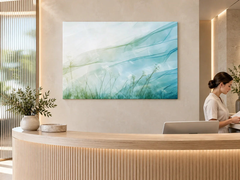 Serene Breeze Canvas above a curved oak reception desk in a contemporary private clinic.