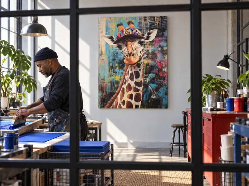 Graffiti Giraffe Canvas centred in a bright contemporary print studio while an artist works at a screen-printing table.