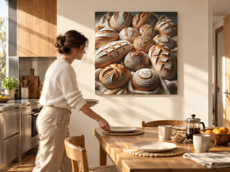Artisan Bread Array Canvas on a sunlit cream wall as an adult sets a timber kitchen table.