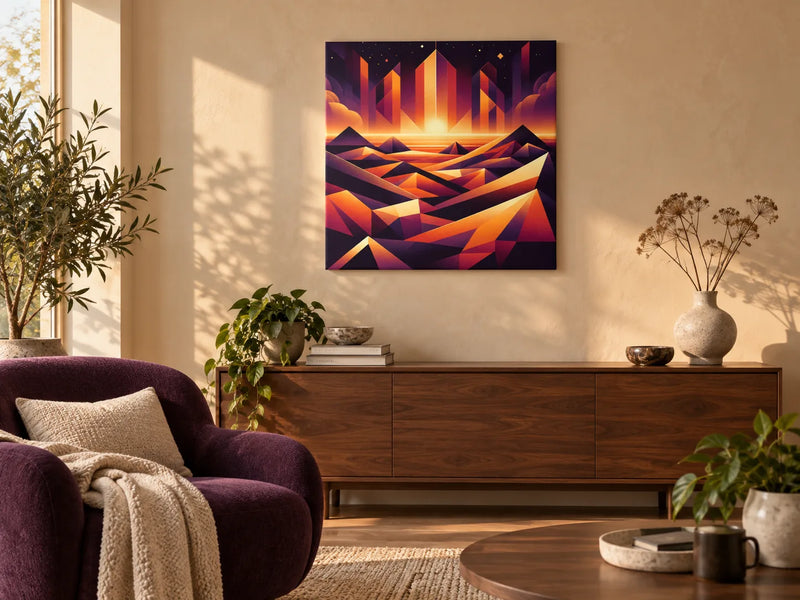 Desert Mirage: Geometric Enigma Canvas above a walnut sideboard in a contemporary lived-in lounge with warm plaster walls.