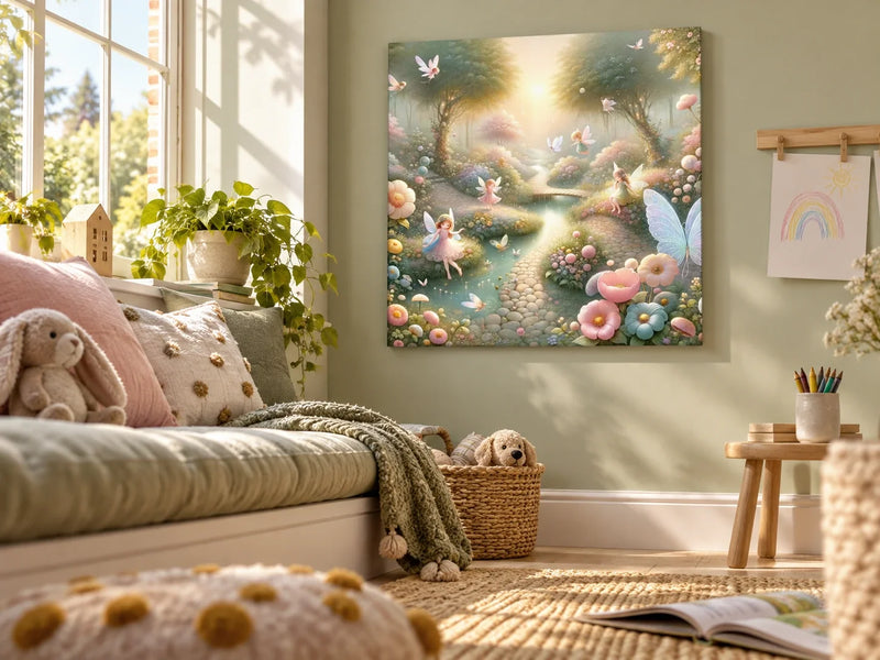 Fairy garden canvas in a softly sunlit room with books, toys and drawing pencils.
