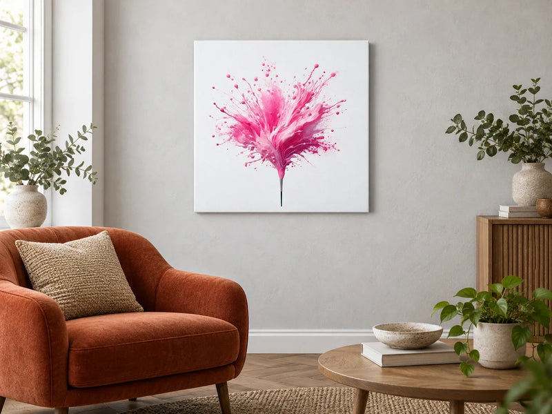 Pink Vibrance Canvas with flowing colour above a green chair.