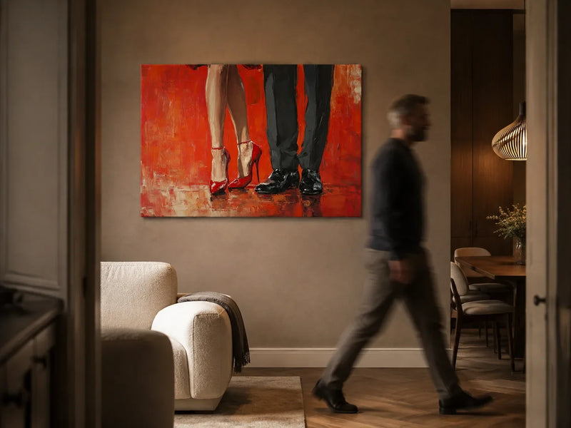 New Enigma of Footfalls canvas in a warm contemporary living room as an adult crosses the doorway in soft motion blur.