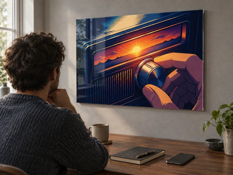 Radio sunset artwork above a desk as an adult pauses with a cup.
