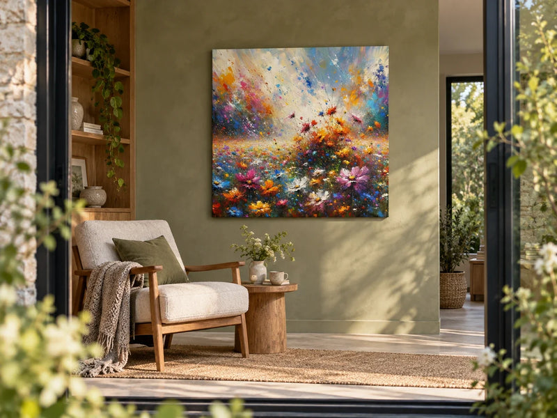 Wildflower Exuberance Canvas in a sunlit contemporary garden room.