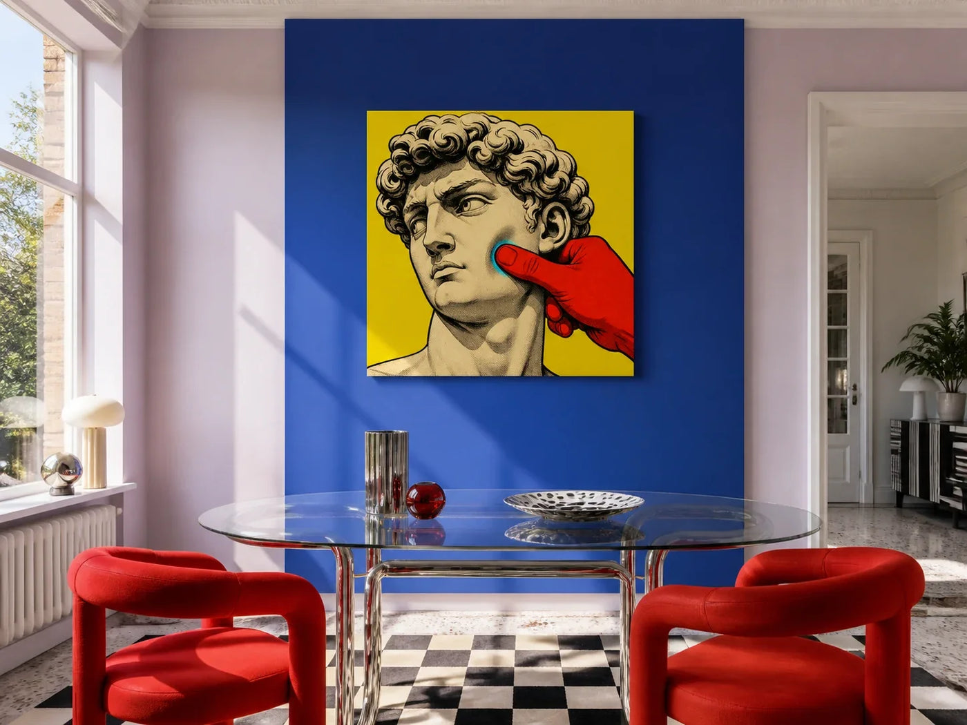 David Soft Standard Canvas in a colourful dining room with a cobalt wall, glass table and red chairs.