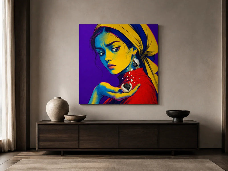 Girl with a Pearl Earring — Broken Prestige Canvas above a dark timber sideboard in a warm contemporary interior.
