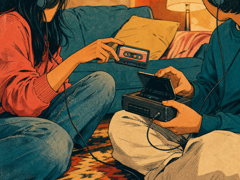Two friends share a cassette and wired headphones in a contemporary retro-style living room