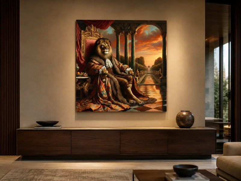 Regal Lion's Kingdom Sunset Canvas centred above a walnut sideboard in a warm contemporary living room.