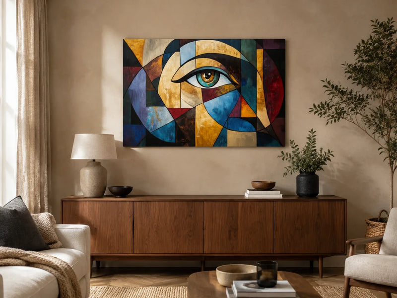 Golden Spiral Harmony Canvas above a walnut sideboard in a warm contemporary lounge.