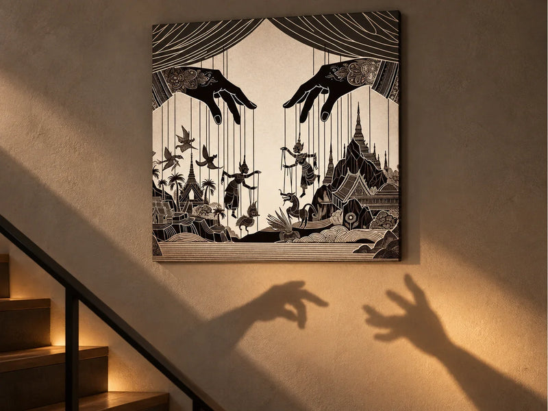 Enchanted Puppeteer's Silhouette Canvas centred on a stair wall with hand shadows cast below it.