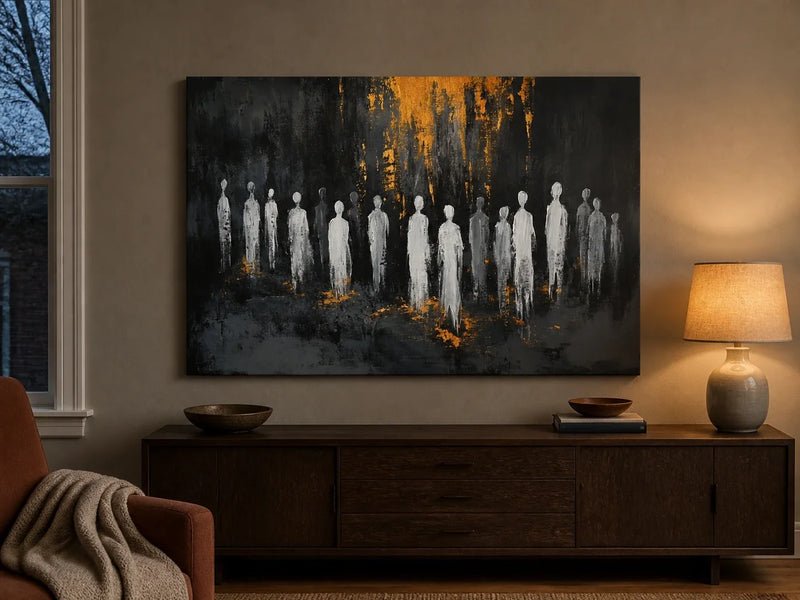 Enlightened Awakening Canvas with pale figures and gold-coloured marks above a wooden sideboard in a softly lit living room at dusk.