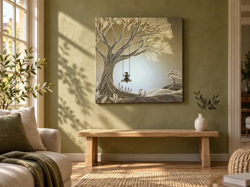 Twilight Serenity Canvas with a line-drawn tree and swing on an olive sitting-room wall.