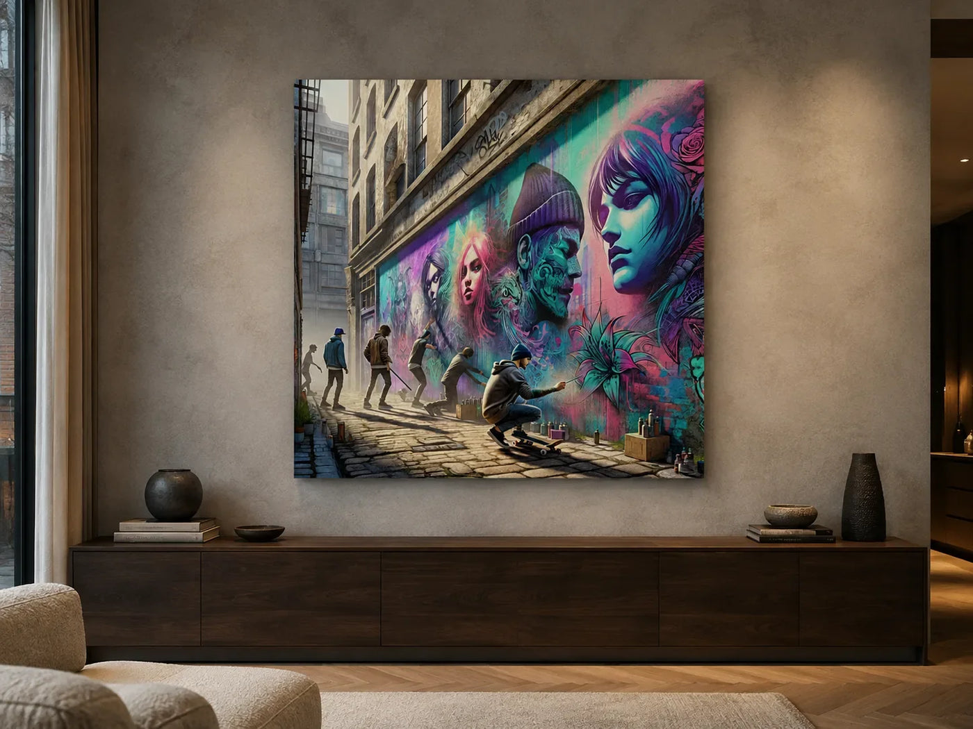 Alleyway Artistry Canvas above a dark walnut sideboard in a contemporary living room.