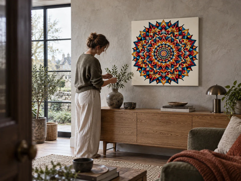 Complex Vibrance Canvas above an oak sideboard in a contemporary living room as a woman arranges a leafy branch.