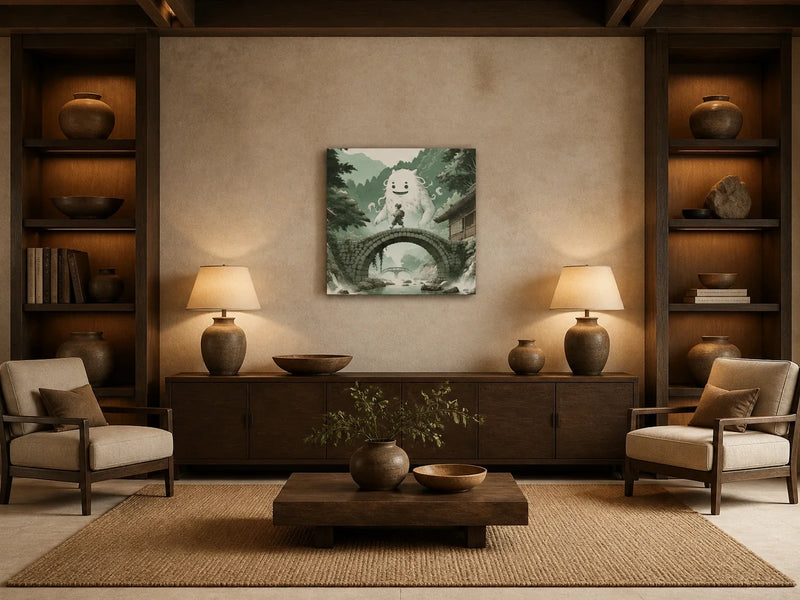 Guardian Yokai Bridge Canvas centred above a dark timber console in a warm symmetrical lounge with built-in shelves and two reading chairs.