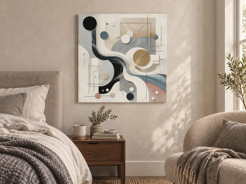 Silent Serenity Canvas above a walnut bedside table in a softly lit contemporary bedroom.