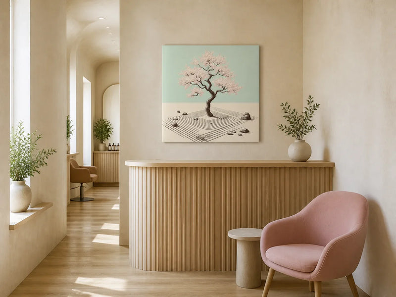 Pastel Zen Garden square canvas above a timber reception desk in a contemporary beauty salon.