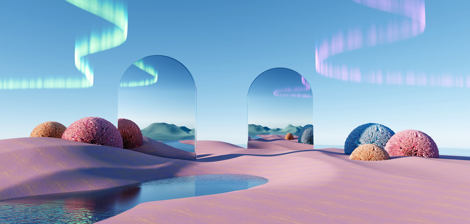 3d render Surreal pastel landscape background with geometric shapes, abstract fantastic desert dune in seasoning landscape with arches, panoramic, futuristic scene with copy space, blue sky and cloudy