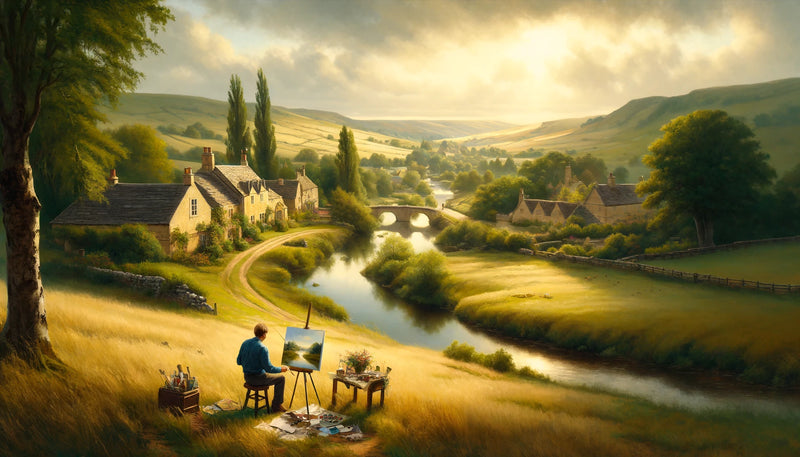 Man focused on painting a landscape, holding a brush and palette in front of a beautiful natural scenery.