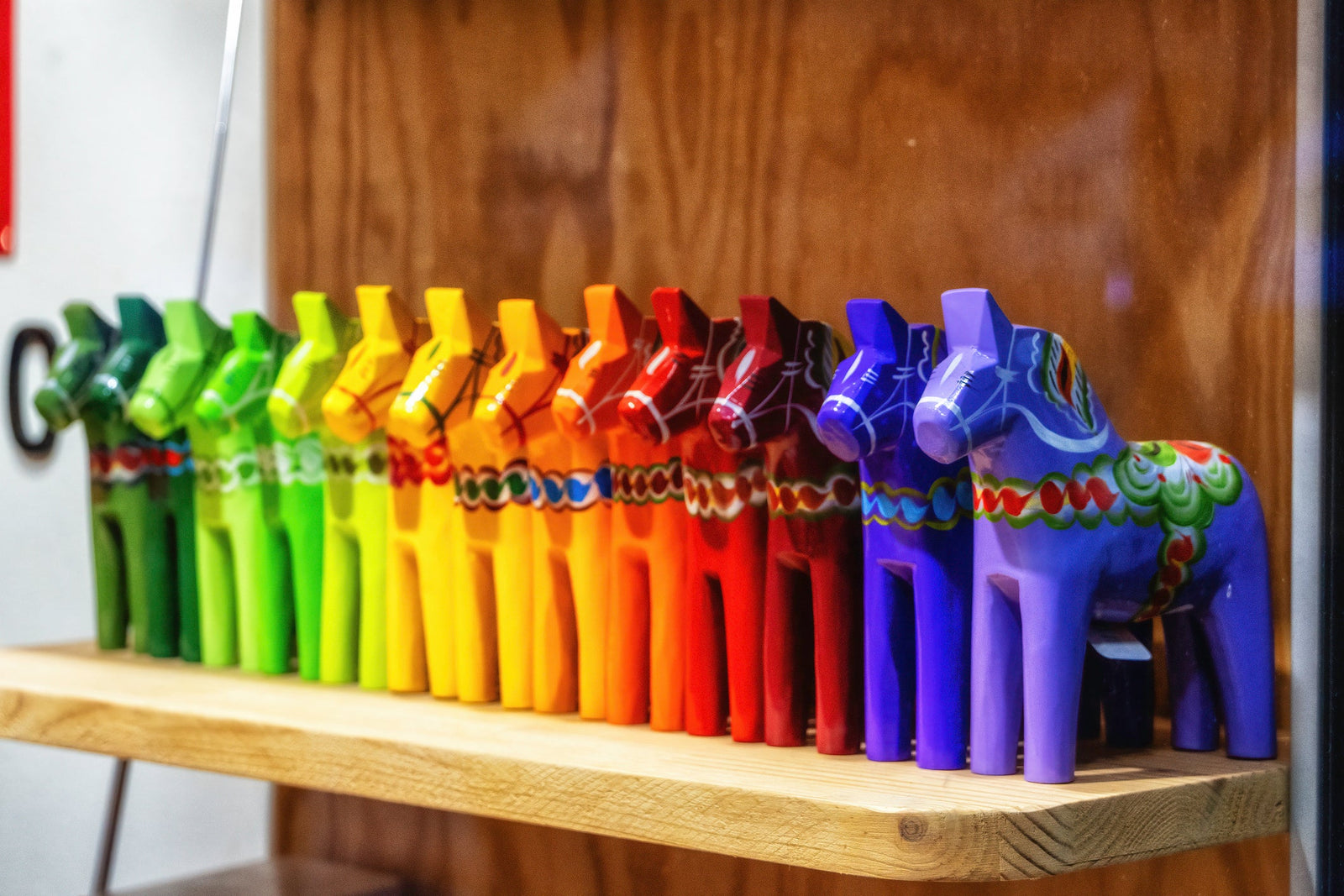 Colorful Dala Horses in a shop window in Stockholm