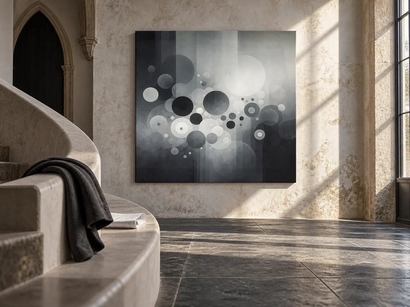 Serene Geometrics Canvas centred in a contemporary stone stair hall with arched details and angled window light.