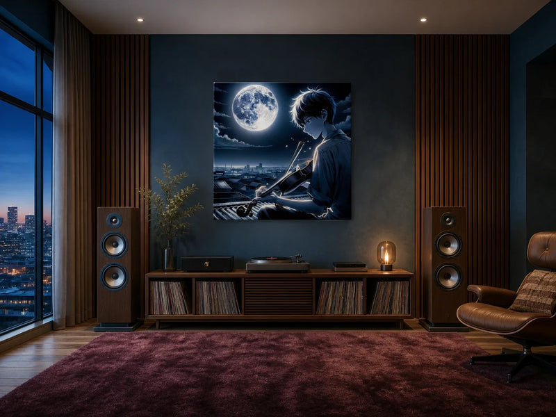 Moonlit Melody Canvas centred above a record console between speakers in a deep blue listening room overlooking the city.