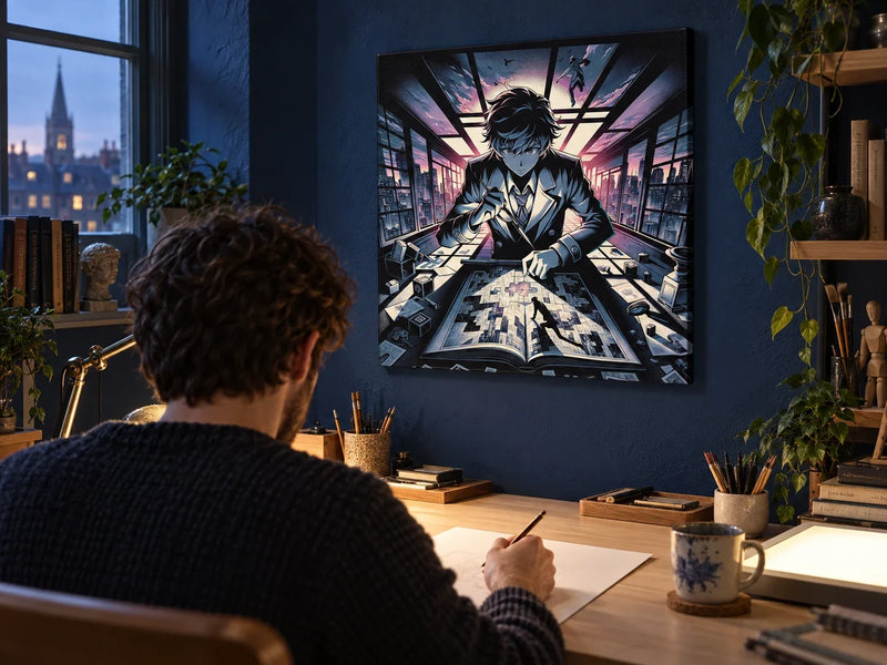 Mystic Twilight Puzzle Canvas above an adult's animation desk in a midnight-blue study.