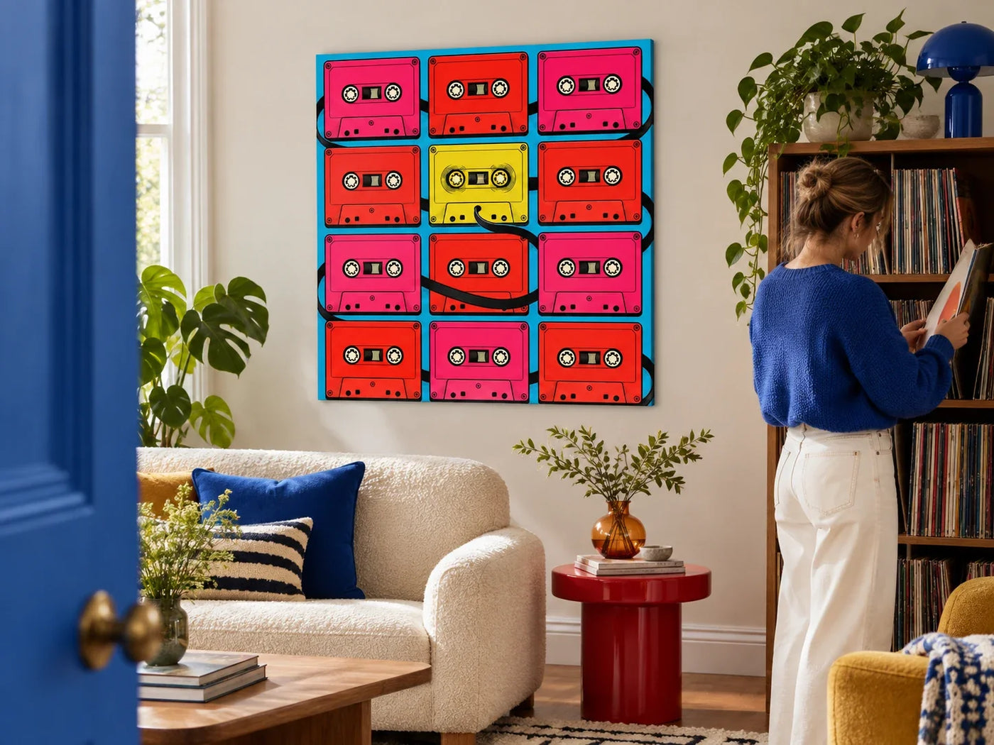 Colourful cassette artwork in a contemporary living room as a woman browses records.
