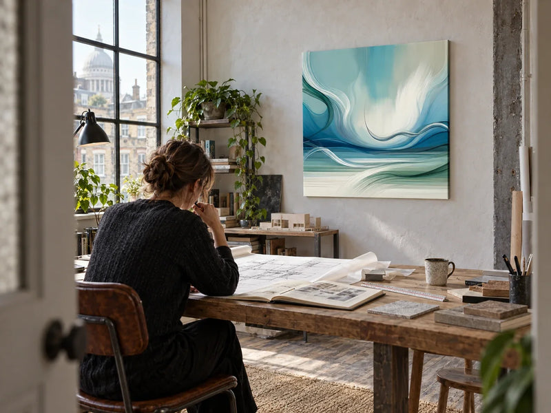 Calmness Settled Canvas in a light-filled architect's studio above a working desk.
