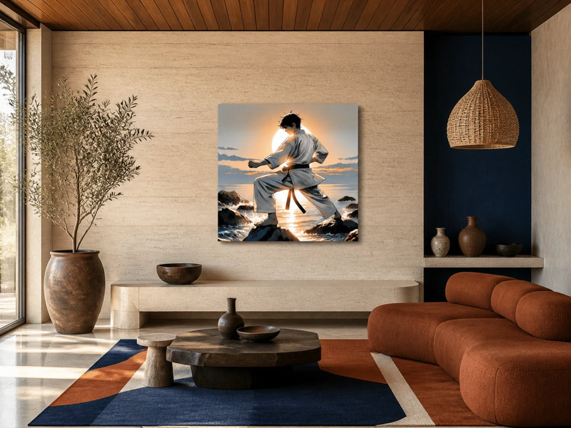 Karateka Sunrise Canvas centred in a warm contemporary living room
