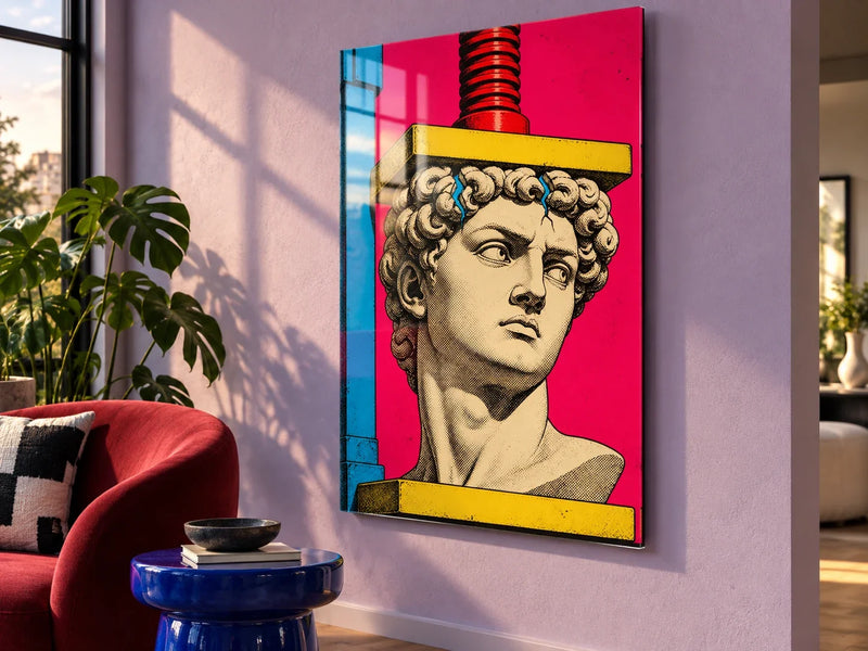 Pop art portrait with a sculptural press motif in a colour-confident contemporary room.