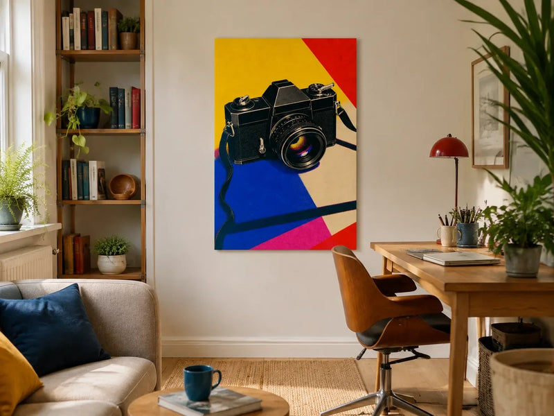 Camera In Colour Canvas in a contemporary living room with restrained red, yellow and blue accents.