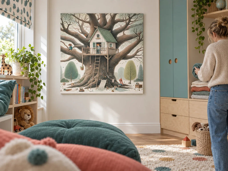 Cosy Treehouse Canvas in a colourful contemporary child's bedroom while an adult folds textiles.