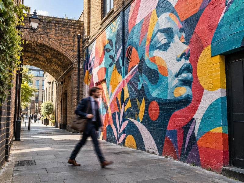 A commuter passing a colourful mural in a British city passage.