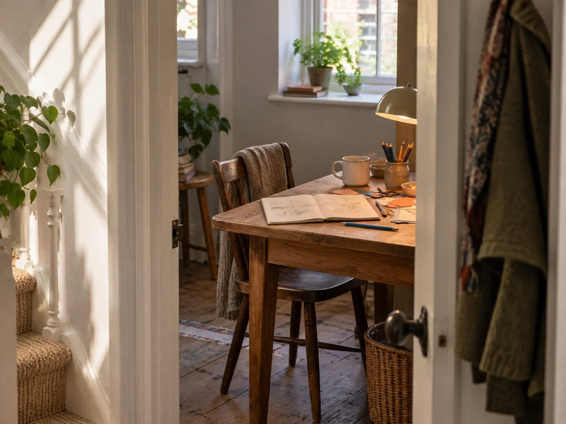A sunlit dining table prepared with a sketchbook, pencils and collage materials.