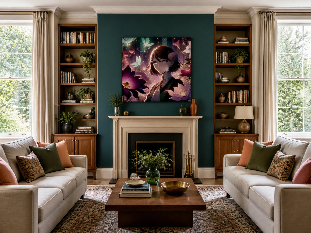 Mystical Academy Serenity canvas centred above a Victorian fireplace in a bright UK sitting room with matching bookcases, books, ceramics and daylight.