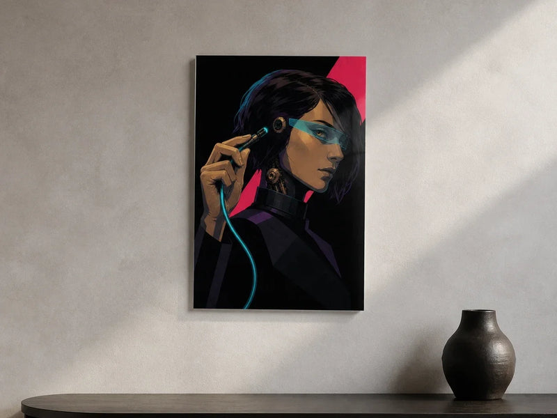 Choosing Offline Acrylic Print on a pale plaster wall above a dark fluted console, crossed by soft window light.