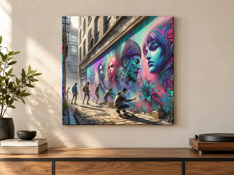 Alleyway Artistry Canvas centred above a walnut sideboard in a contemporary living room.