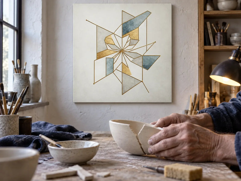 Kintsugi Blossom Canvas centred above a ceramic repair table as an adult holds a cracked bowl.