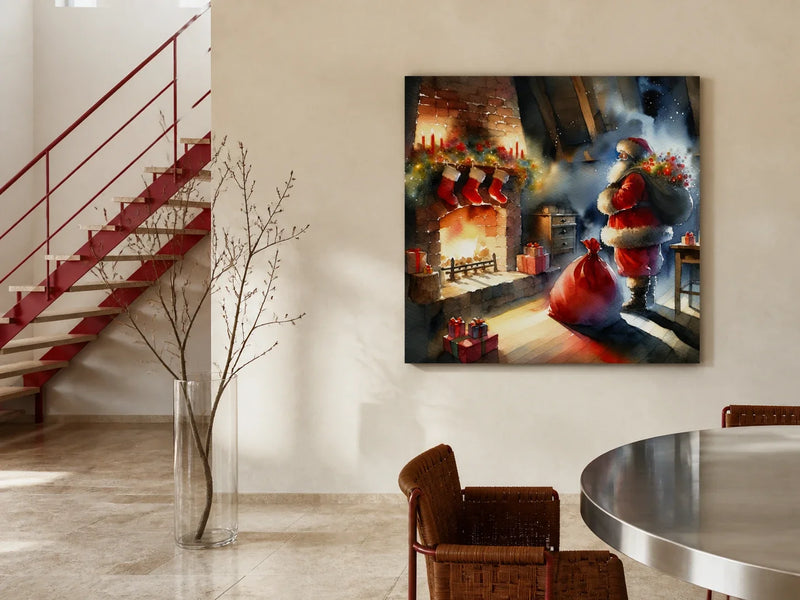 Christmas Eve Reverie Canvas in a contemporary dining room with a red staircase, bare branches and a steel table.
