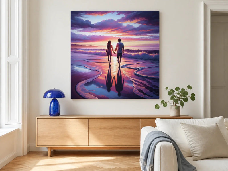 Seaside Embrace canvas above a pale oak sideboard in a bright contemporary UK living room.