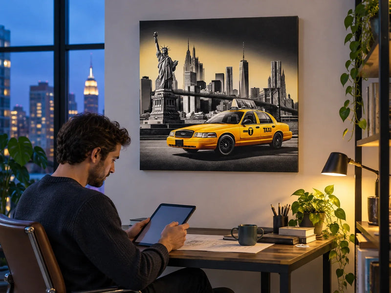 Yellow Cab in NYC Canvas in a blue-hour apartment while an adult works at a tablet.