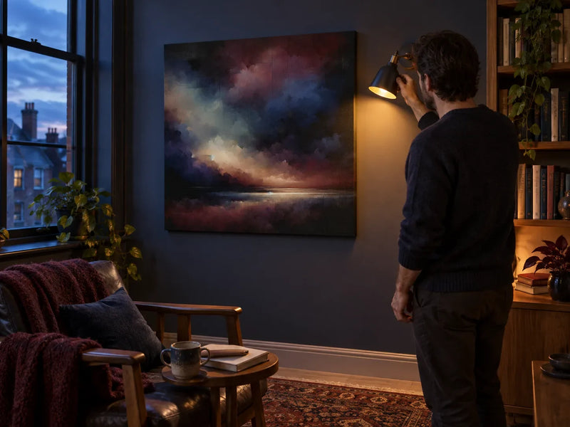 Nocturnal Solitude Canvas centred in an ink-blue reading room as an adult adjusts the wall lamp beside it.