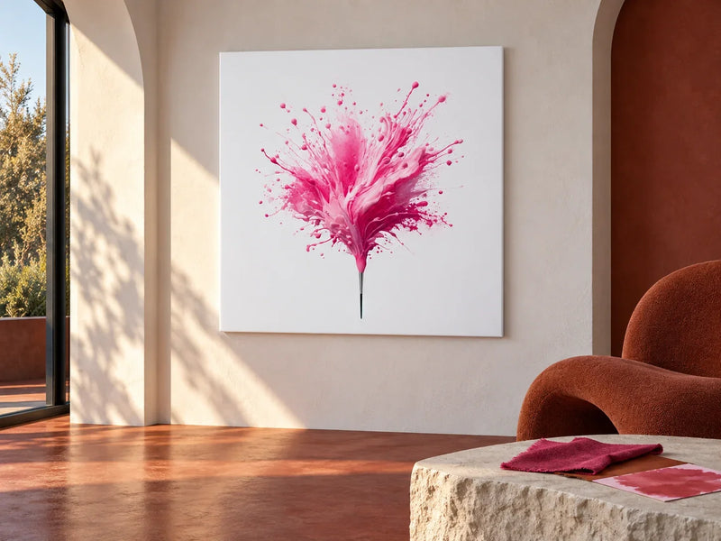 Pink Vibrance Canvas in a sculptural contemporary living room with rust seating and late-afternoon architectural shadows.